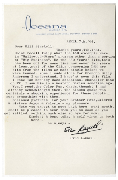Stan Laurel Letter Signed With His Full Name ''Stan Laurel'' -- Mentioning Laurel & Hardy Film Excerpts in ''Hollywood Stars'' and ''  30 Years of Fun''